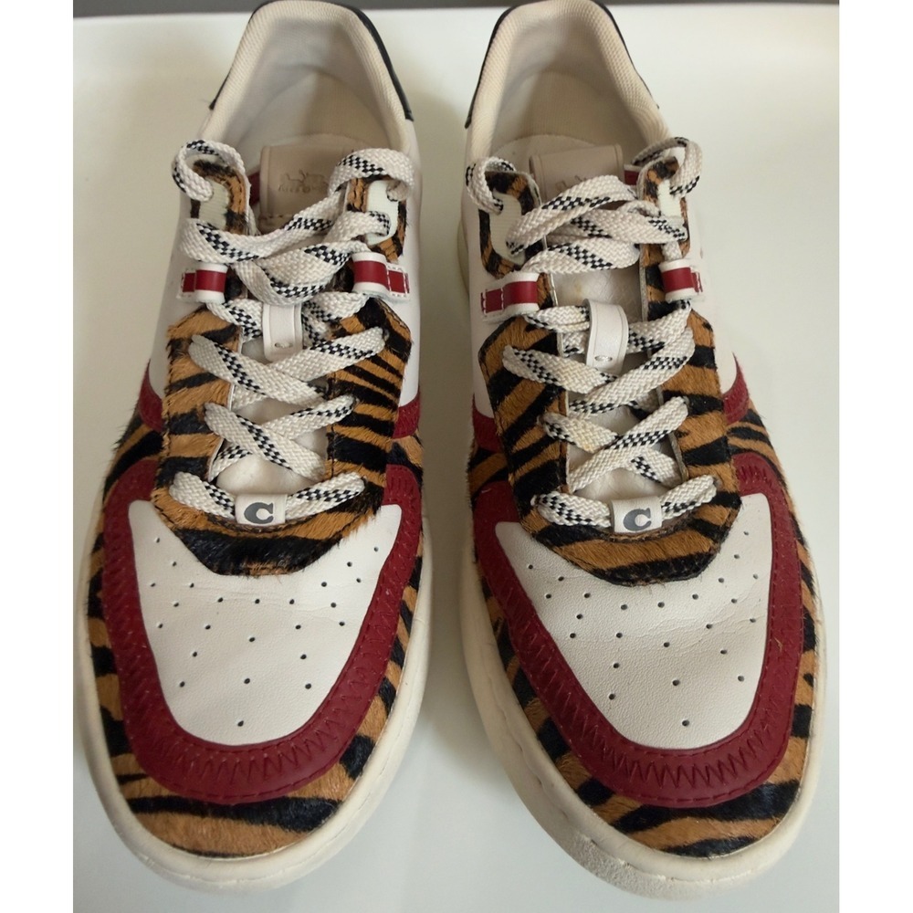 Coach CitySole Court Sneakers White Leather Tiger Print Calf Hair Red size 7 - Picture 3 of 14